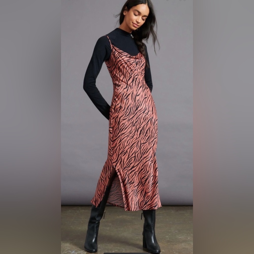 Anthropologie Elyse Bias Cut Slip Dress Zebra Print Slit Hem Midi Size medium